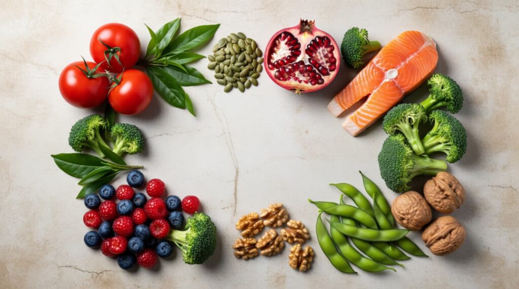 10 Foods That Shrink Prostate Gland Naturally (Backed by Science): tomatoes, green tea, salmon, nuts, and broccoli, laid out on a wooden table.