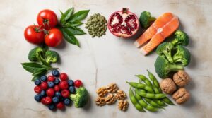 10 Foods That Shrink Prostate Gland Naturally (Backed by Science): tomatoes, green tea, salmon, nuts, and broccoli, laid out on a wooden table.