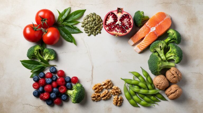 10 Foods That Shrink Prostate Gland Naturally (Backed by Science) 7 10 Foods That Shrink Prostate Gland Naturally (Backed by Science): tomatoes, green tea, salmon, nuts, and broccoli, laid out on a wooden table.