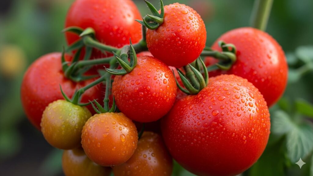 Close-up of ripe, red tomatoes on the vine, rich in the antioxidant Lycopene.