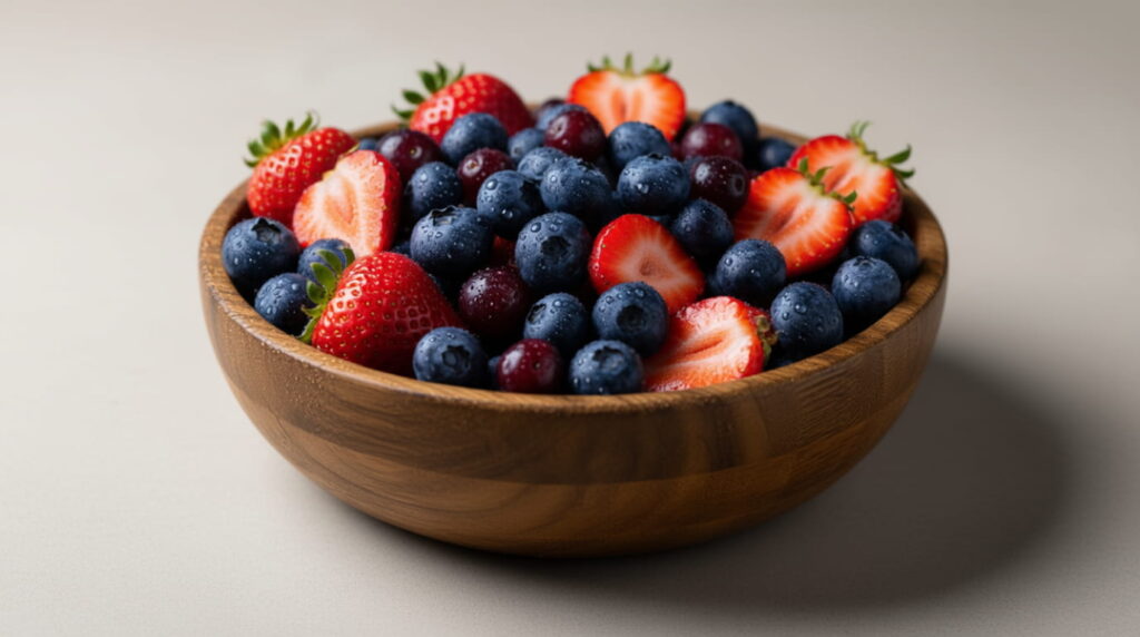 A colorful mix of blueberries and strawberries, sources of protective Polyphenols.