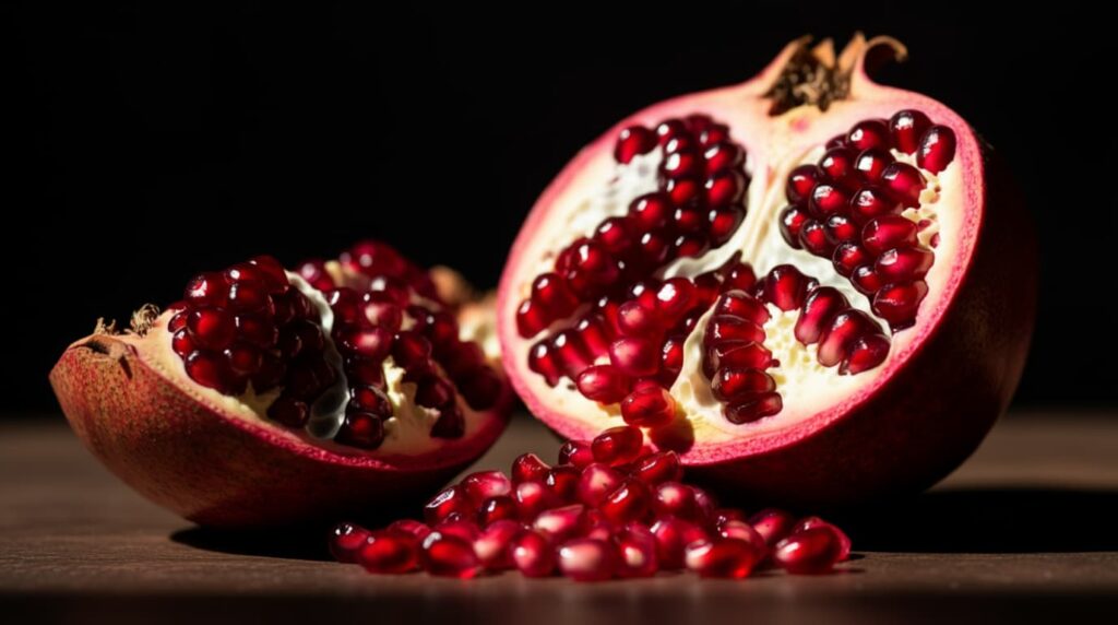 A sliced pomegranate showing the rich red, jewel-like arils, full of polyphenols.