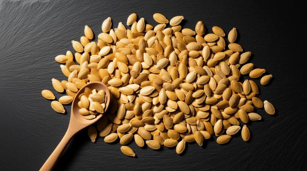 A pile of roasted pumpkin seeds, a great source of Zinc and phytosterols for prostate health.