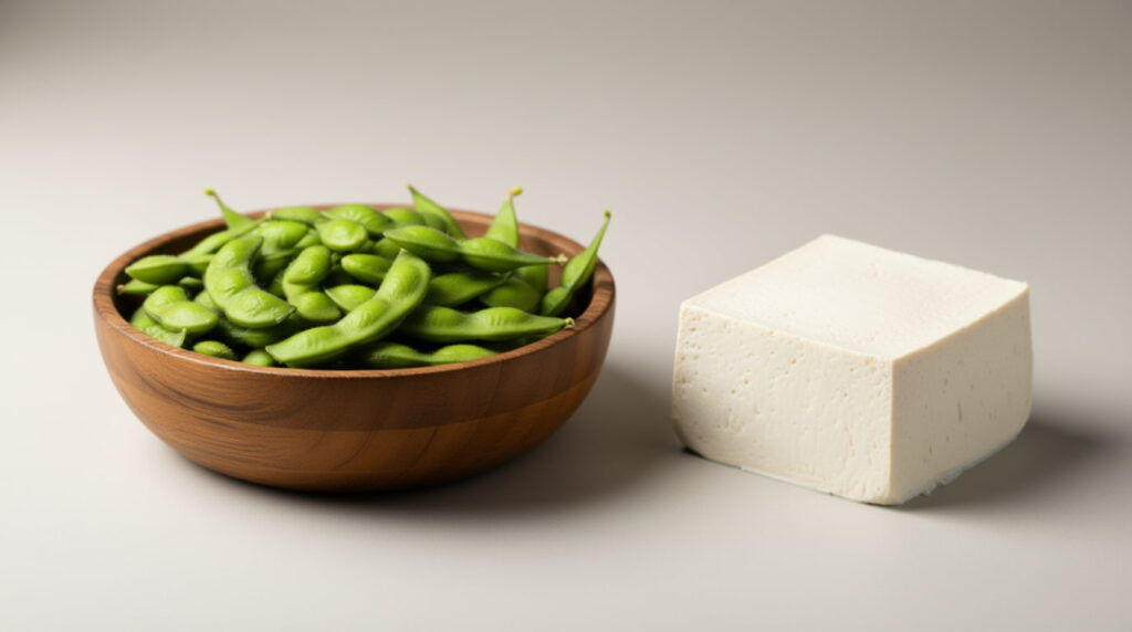A bowl of steamed edamame next to a block of tofu, showing the plant hormone Isoflavones.