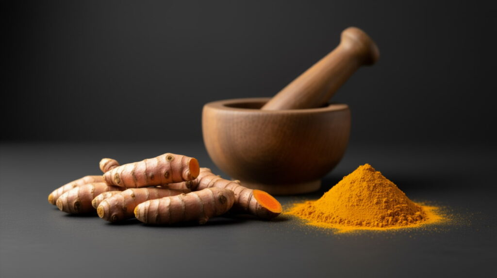 Fresh turmeric root and ground turmeric powder, highlighting the compound Curcumin.