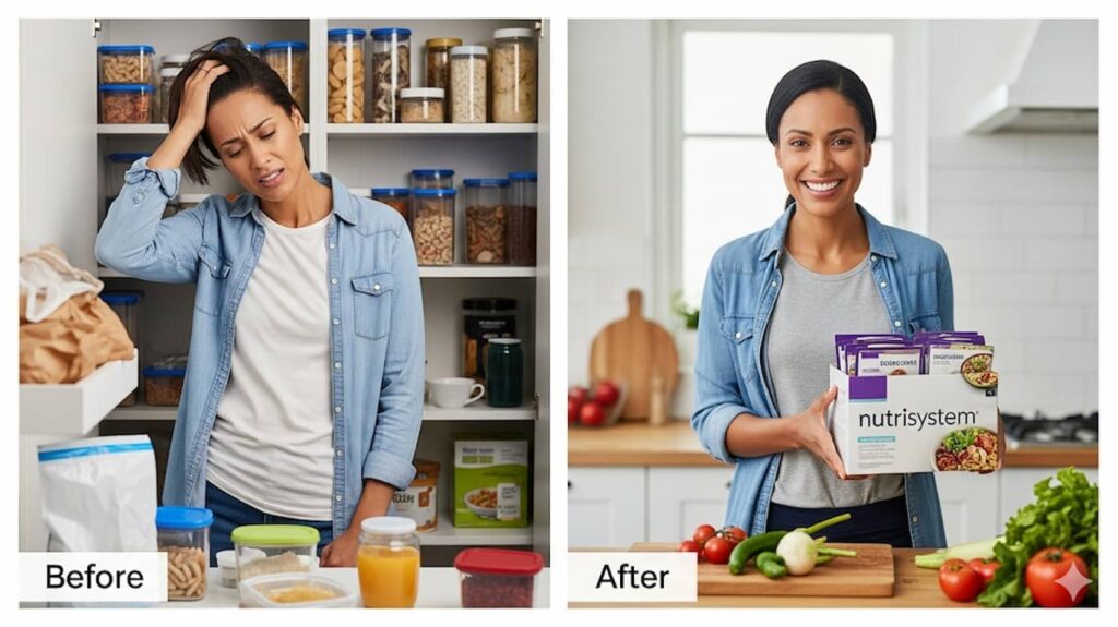 Nutrisystem Review 2025: Does This Meal Delivery Diet Really Work? 9 A two-panel image showing a person's weight loss journey. The 'before' panel shows them looking stressed in a disorganized kitchen, and the 'after' panel shows them happy and confident holding Nutrisystem meals.
