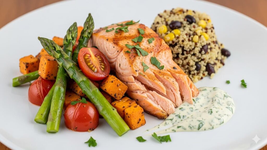 Nutrisystem Review 2025: Does This Meal Delivery Diet Really Work? 6 A professional photo of a high-quality nutrition system weight loss meal featuring beautifully plated grilled salmon, asparagus, and quinoa