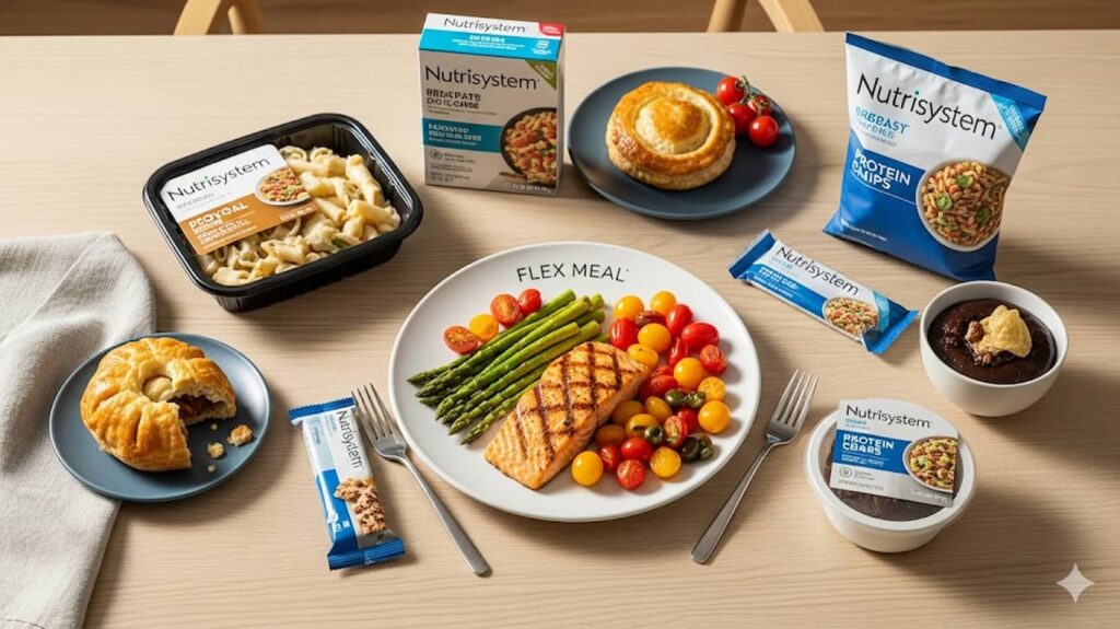Nutrisystem Review 2025: Does This Meal Delivery Diet Really Work? 5 A collection of Nutrisystem meals, including pre-packaged food, snacks, and a fresh "Flex meal" plate with salmon and vegetables, highlighting the variety of the plan