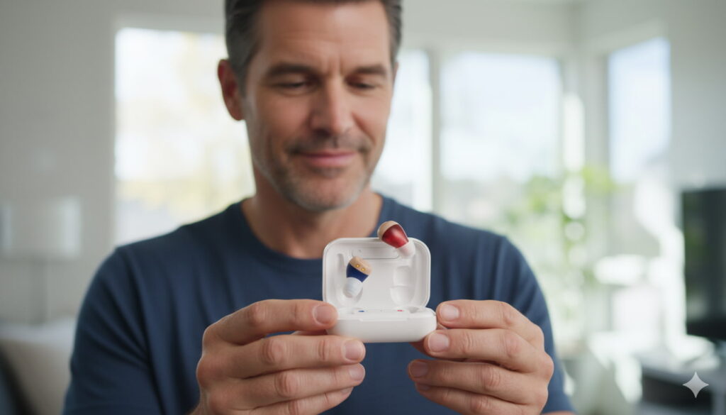 A man's hand holding the compact, portable charging case for Amplihear hearing aids.