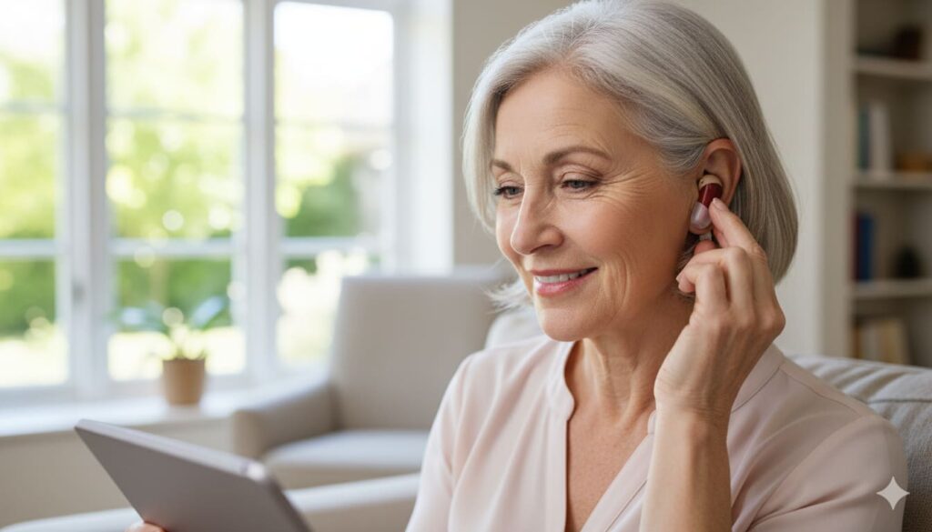 Senior woman with gray hair wearing a discreet, in-ear Amplihear hearing aid while looking at a tablet in a bright home setting.