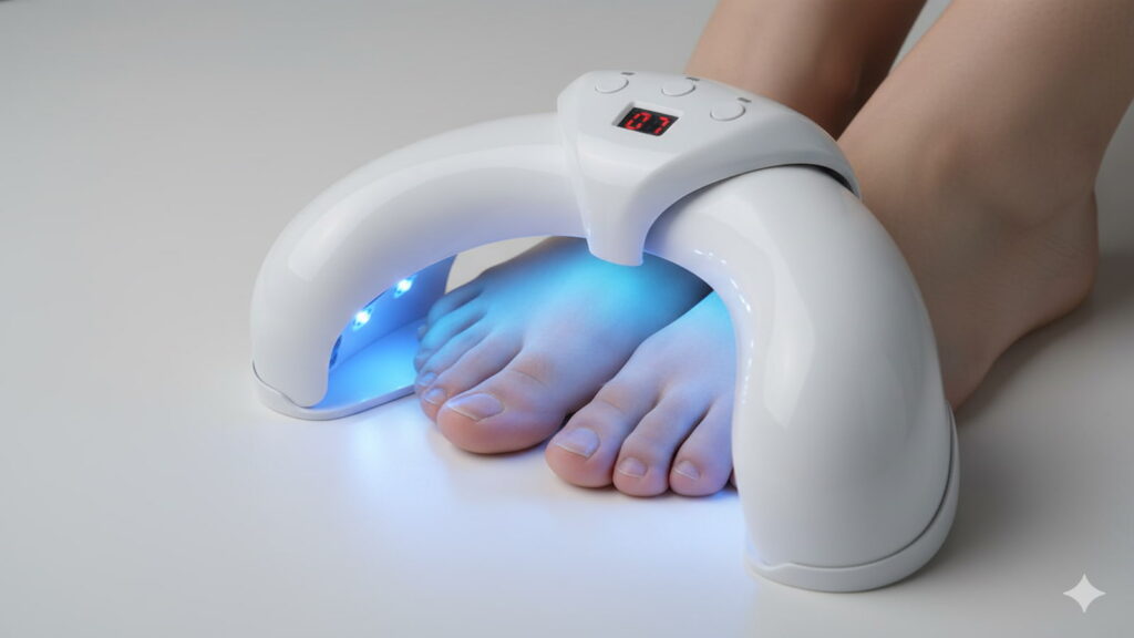 FungaBeam nail fungus treatment device in use, emitting therapeutic blue and red light on toenails. Cost-effective laser alternative for onychomycosis.