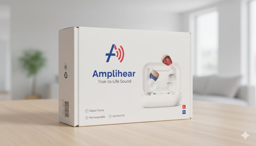White cardboard shipping box with the Amplihear logo and branding visible, indicating a package ready for delivery.