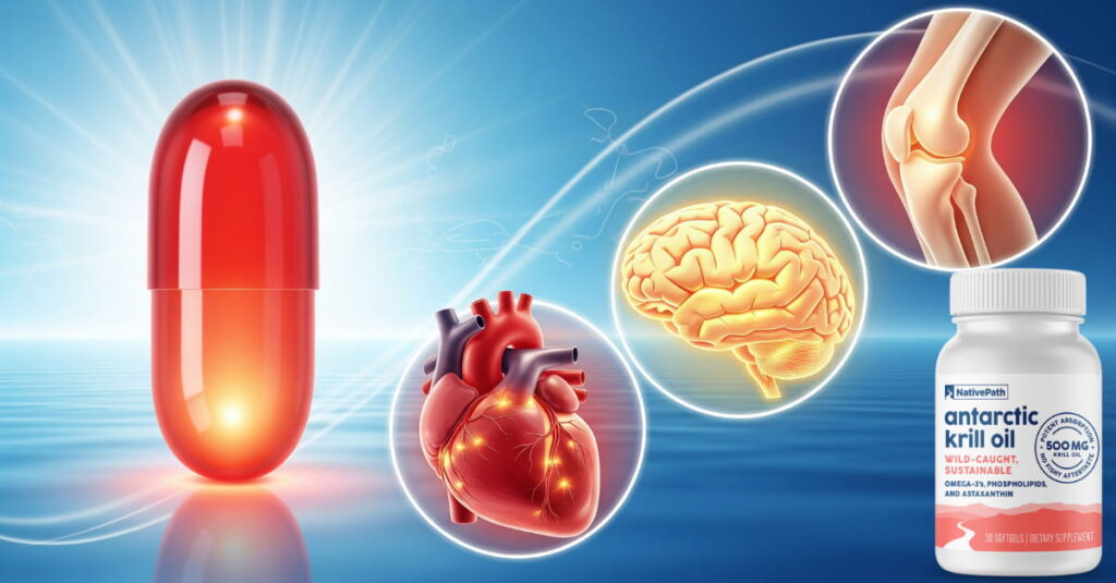 NativePath Antarctic Krill Oil Review: Do Not Buy Till You've Read This! 4 High-quality illustration of a red krill oil softgel next to diagrams of a healthy heart, brain, and knee joint on a pure Antarctic background