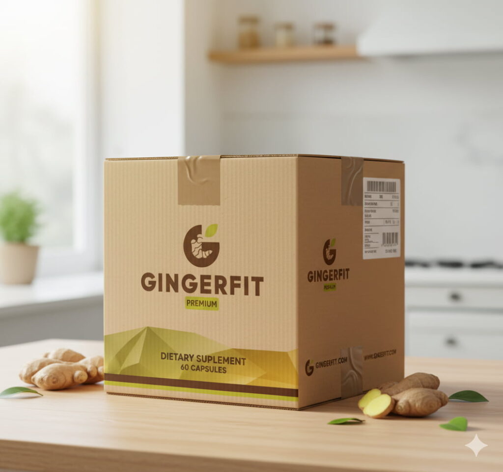 GingerFit Review: Do Not Buy Till You’ve Read This! 6 A brown cardboard shipping box for GINGERFIT Premium Dietary Supplement, featuring the GINGERFIT logo, product name, and "60 Capsules" text. The box has shipping labels and is placed on a wooden counter with fresh ginger roots and leaves around it.