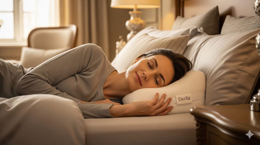 Derila Ergo Pillow for Back and Neck Pain Review: What Science and Real Users Say in 2025 3 Serene person sleeping soundly on the ergonomic Derila Ergo Pillow, showcasing optimal neck and spine alignment in a cozy bedroom.