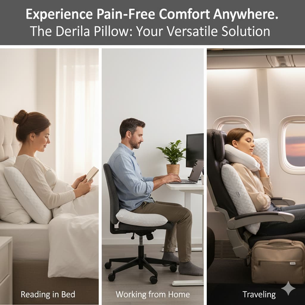 Derila Ergo Pillow for Back and Neck Pain Review: What Science and Real Users Say in 2025 6 Derila Ergo Pillow being used comfortably by a person sitting in a plane or car, showcasing its portability and versatility.