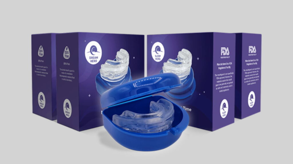 DreamHero Mouthguard Review: Do Not Buy Till You’ve Read This! 5 DreamHero Mouthguard in blue case with packaging box, FDA certified anti-snoring device