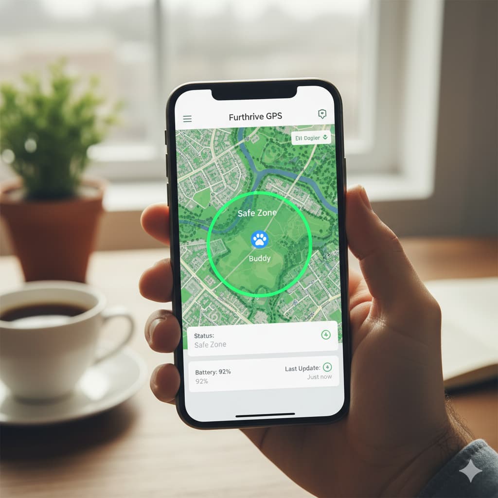 Furthrive GPS Review: Does This Smart Pet Tracker Really Work? 4 Furthrive GPS Reviews And Complaints -Smartphone showing the Furthrive GPS app map with a bright green 'Safe Zone' geofence and a pet's active location dot.