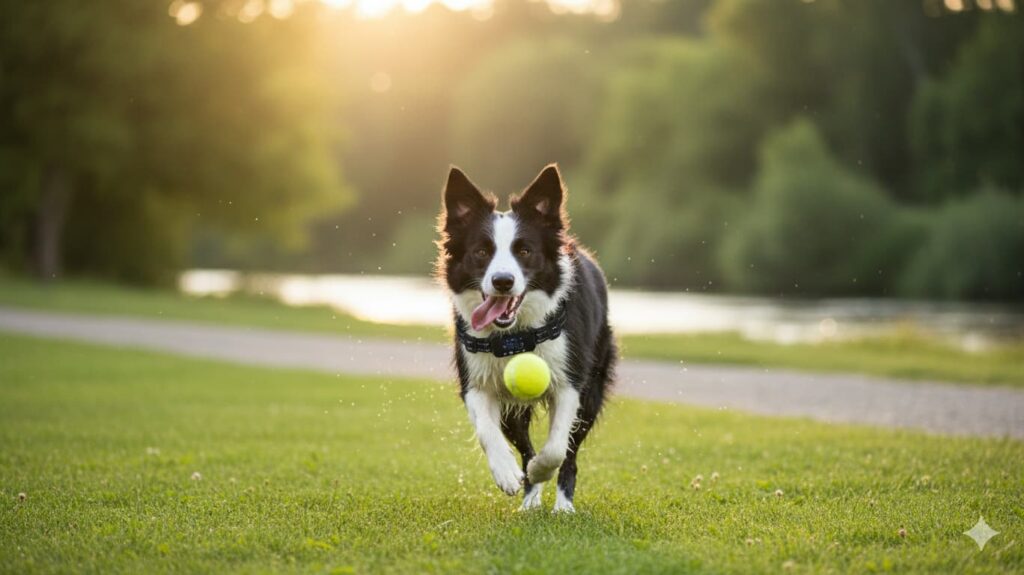 Furthrive GPS Review: Does This Smart Pet Tracker Really Work? 5 Active dog running and playing outdoors with a clearly visible, splash-proof Furthrive GPS tracker on its collar.