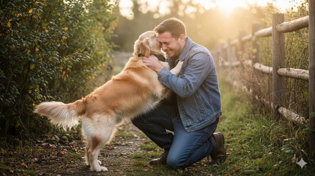 Furthrive GPS Review: Does This Smart Pet Tracker Really Work? 6 Owner kneeling to embrace their dog near a fence, showing palpable relief after a successful pet rescue using the GPS tracker.