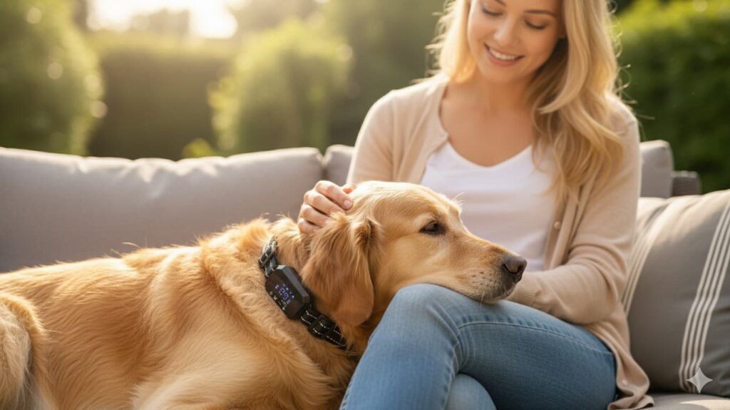 Furthrive GPS Review: Does This Smart Pet Tracker Really Work? 3 Furthrive GPS Reviews And Complaints - Golden Retriever resting on owner's lap with visible Furthrive GPS collar, showcasing safety.