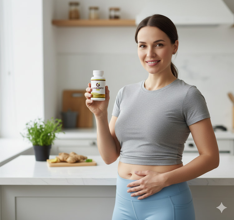 GingerFit Review: Do Not Buy Till You’ve Read This! 4 A smiling woman with visible belly fat, dressed in a grey t-shirt and blue leggings, stands in a bright kitchen holding a bottle of GINGERFIT Premium supplement. Her left hand gently touches her belly, and ginger roots are visible on the counter.