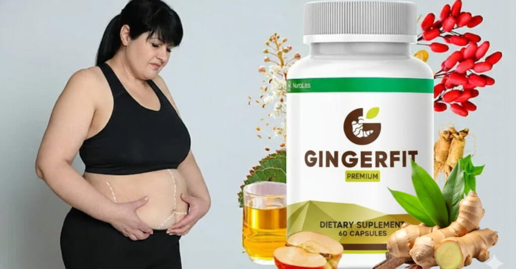 GingerFit Review: Do Not Buy Till You’ve Read This! 3 A composite image showing a woman with belly fat, dressed in a black sports bra and leggings, looking down at her midsection on the left. On the right, a bottle of GINGERFIT Premium Dietary Supplement is surrounded by natural ingredients like red berries, ginseng, cinnamon sticks, and sliced apples, against a grey background.