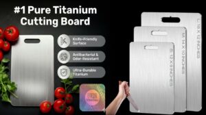 Katori Titanium Cutting Board Reviews and Complaints - Katori Titanium Cutting Board review: Durable, hygienic, non-porous titanium cutting surface in a modern kitchen.