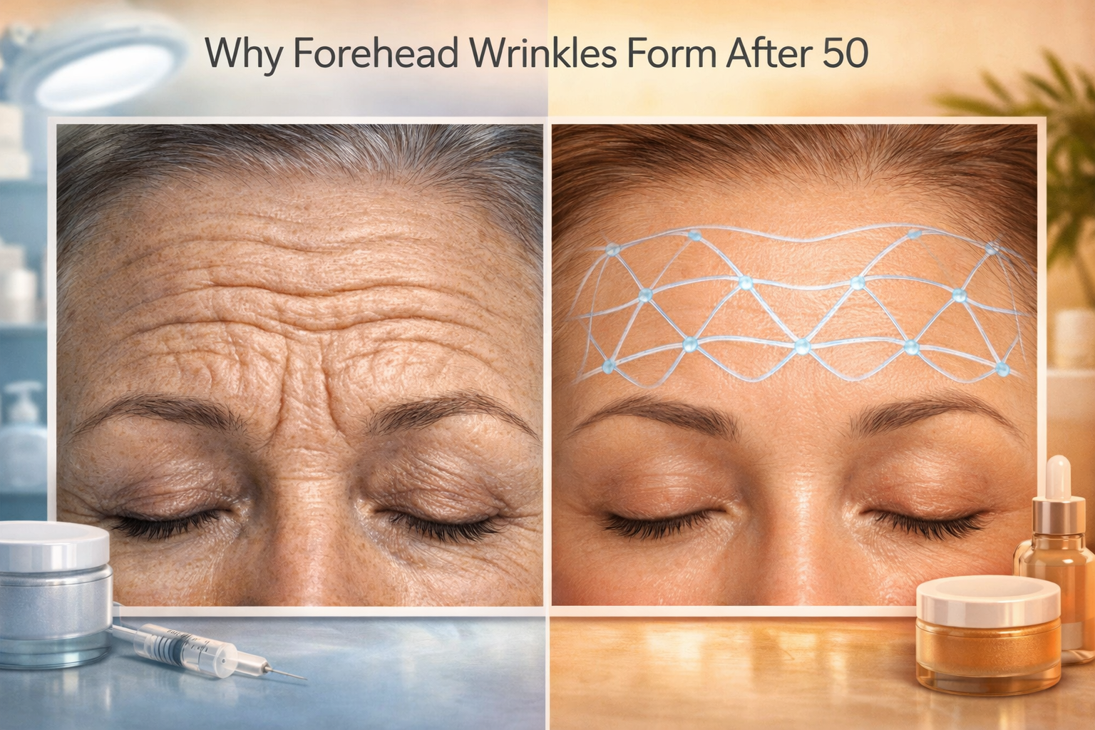 Detailed () editorial illustration showing side-by-side skin comparison: left panel depicts deep forehead wrinkles with dull