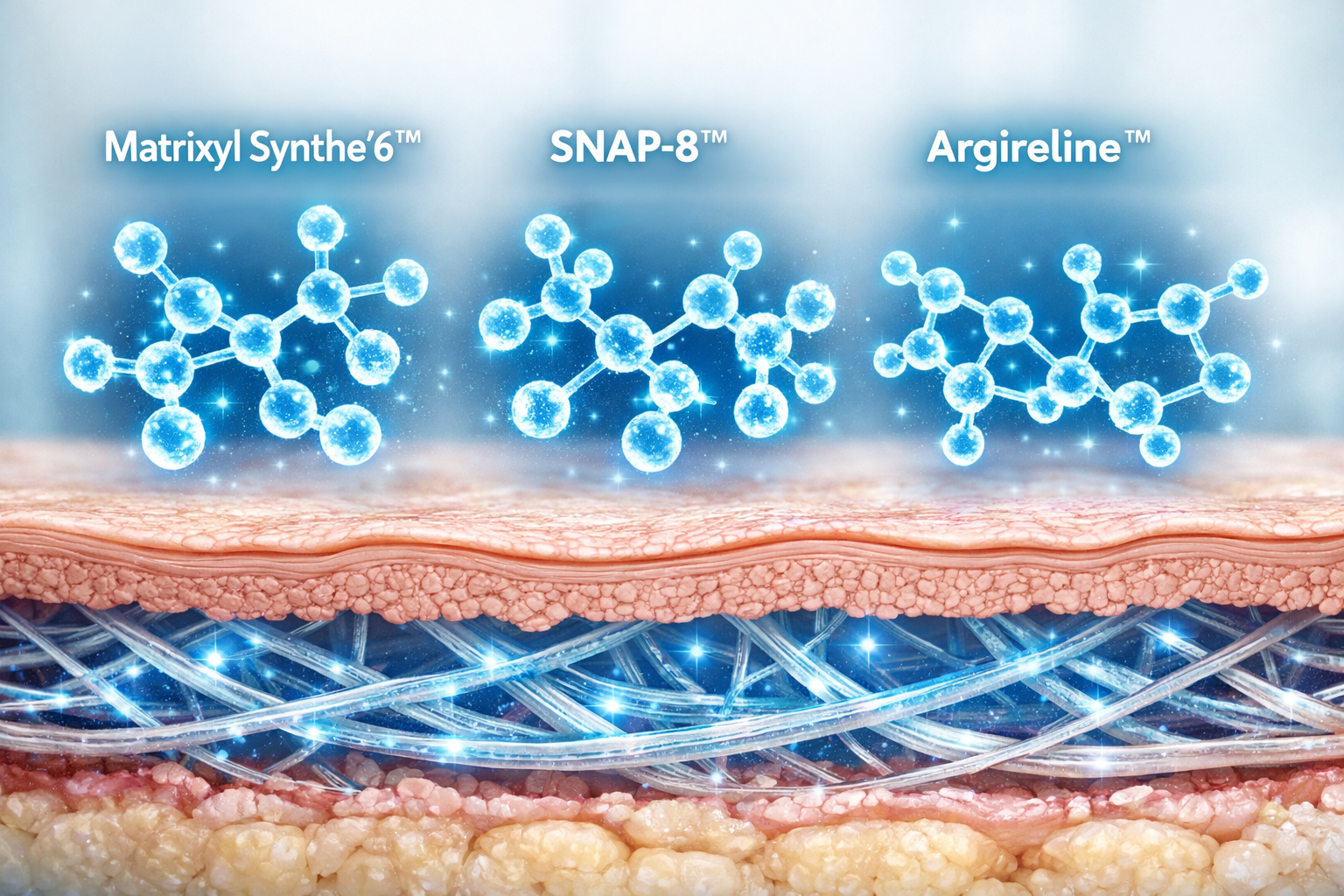 Detailed () showing a close-up macro photograph of three peptide molecule diagrams (Matrixyl Synthe'6, SNAP-8, Argireline)