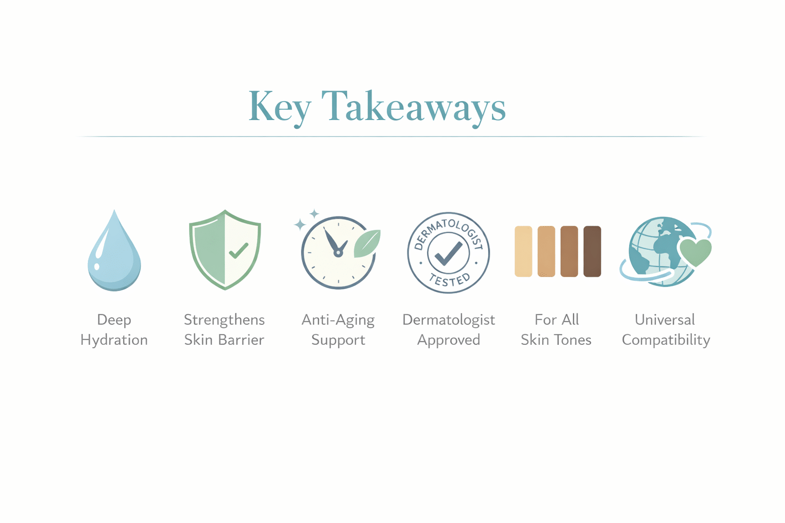 Minimalist infographic for 'Key Takeaways' section featuring 5-6 elegant icons representing universal moisturizer benefits: