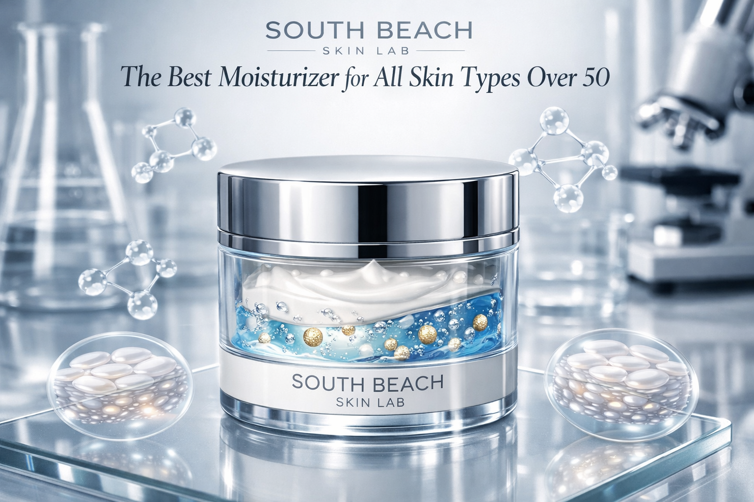 Product showcase for 'South Beach Skin Lab: The Best Moisturizer for All Skin Types Over 50' featuring sleek moisturizer
