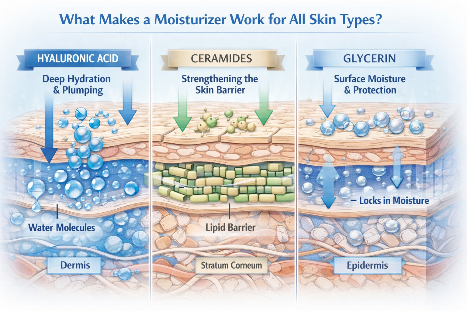 Technical cross-section illustration for 'What Makes a Moisturizer Work for All Skin Types?' showing microscopic skin layer