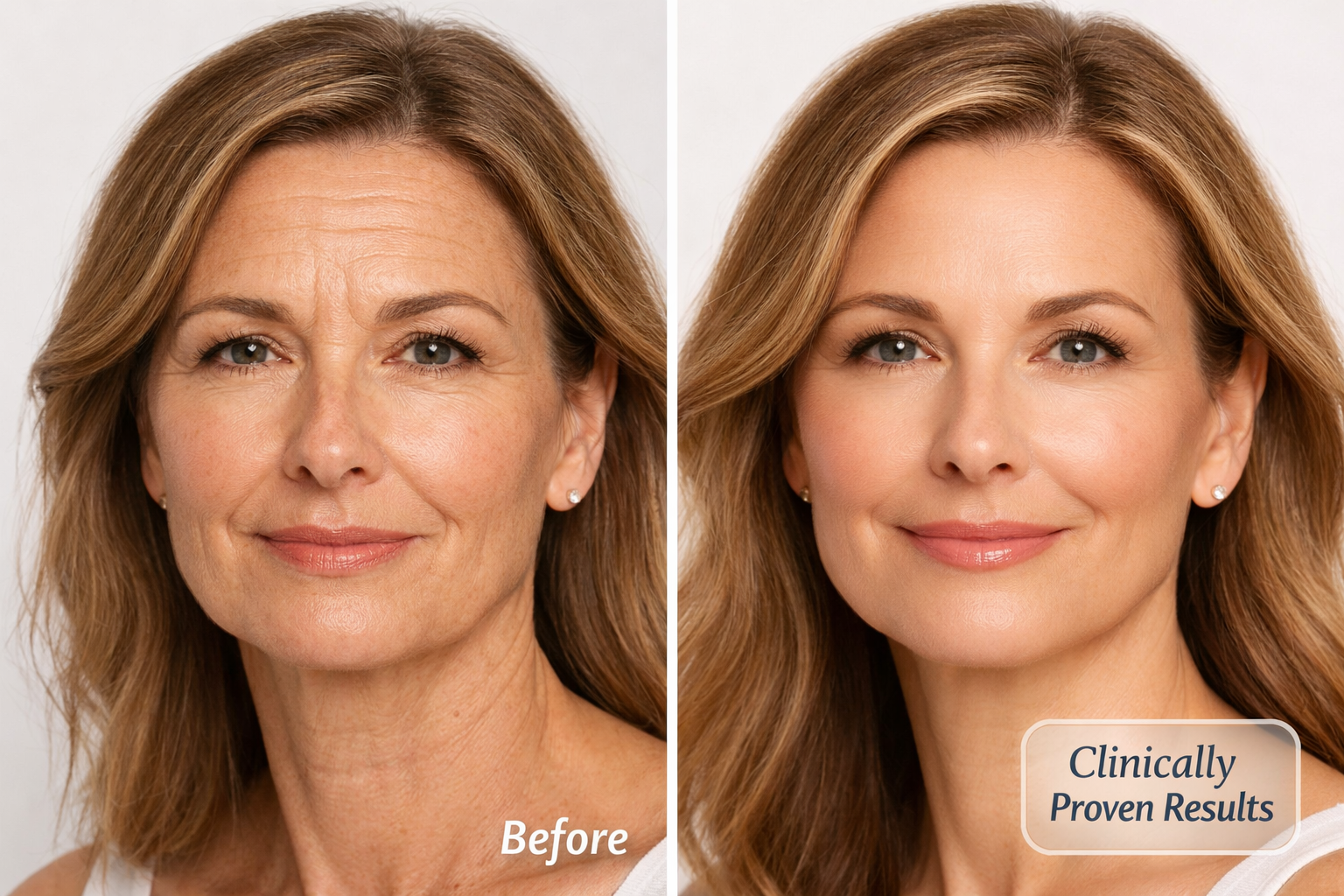 () before-and-after concept editorial image: elegant woman in her mid-50s photographed from the shoulders up, split-screen