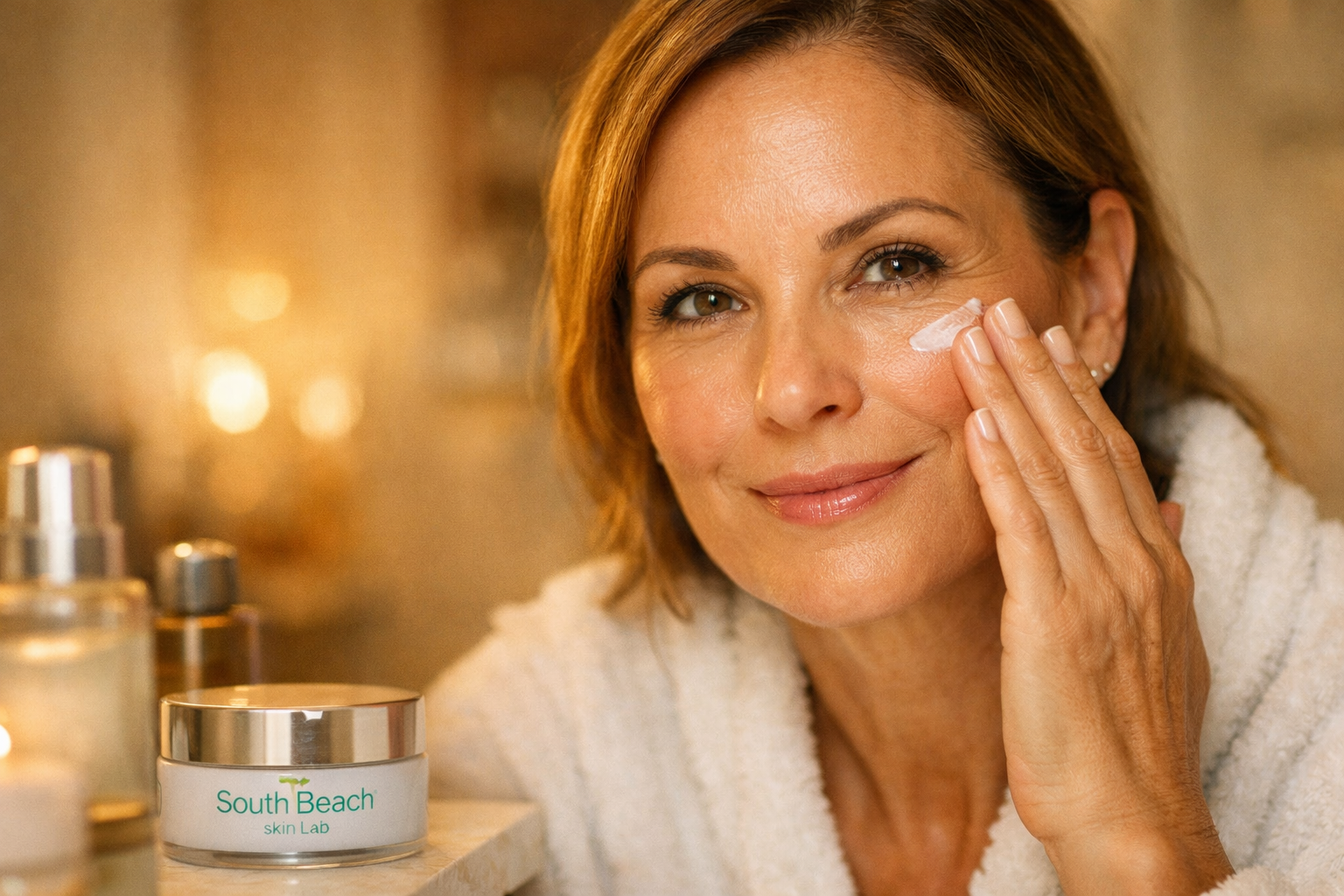 () close-up lifestyle photograph of a woman in her 50s with radiant, smooth forehead skin applying cream with fingertips,
