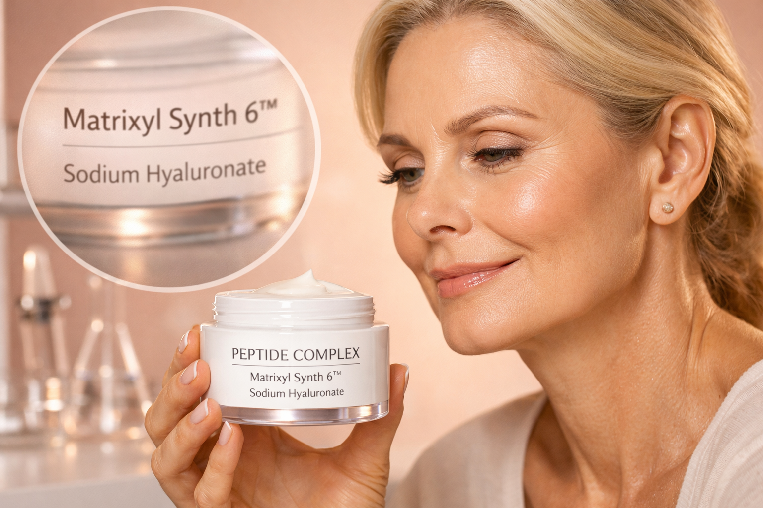 () editorial image showing a close-up of a woman over 50 with radiant, smooth skin examining a white cream jar labeled with