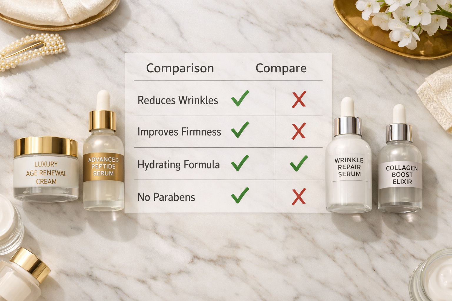 () flat lay image of competing anti-aging skincare products arranged on a marble surface — cream jars, serums, and dropper