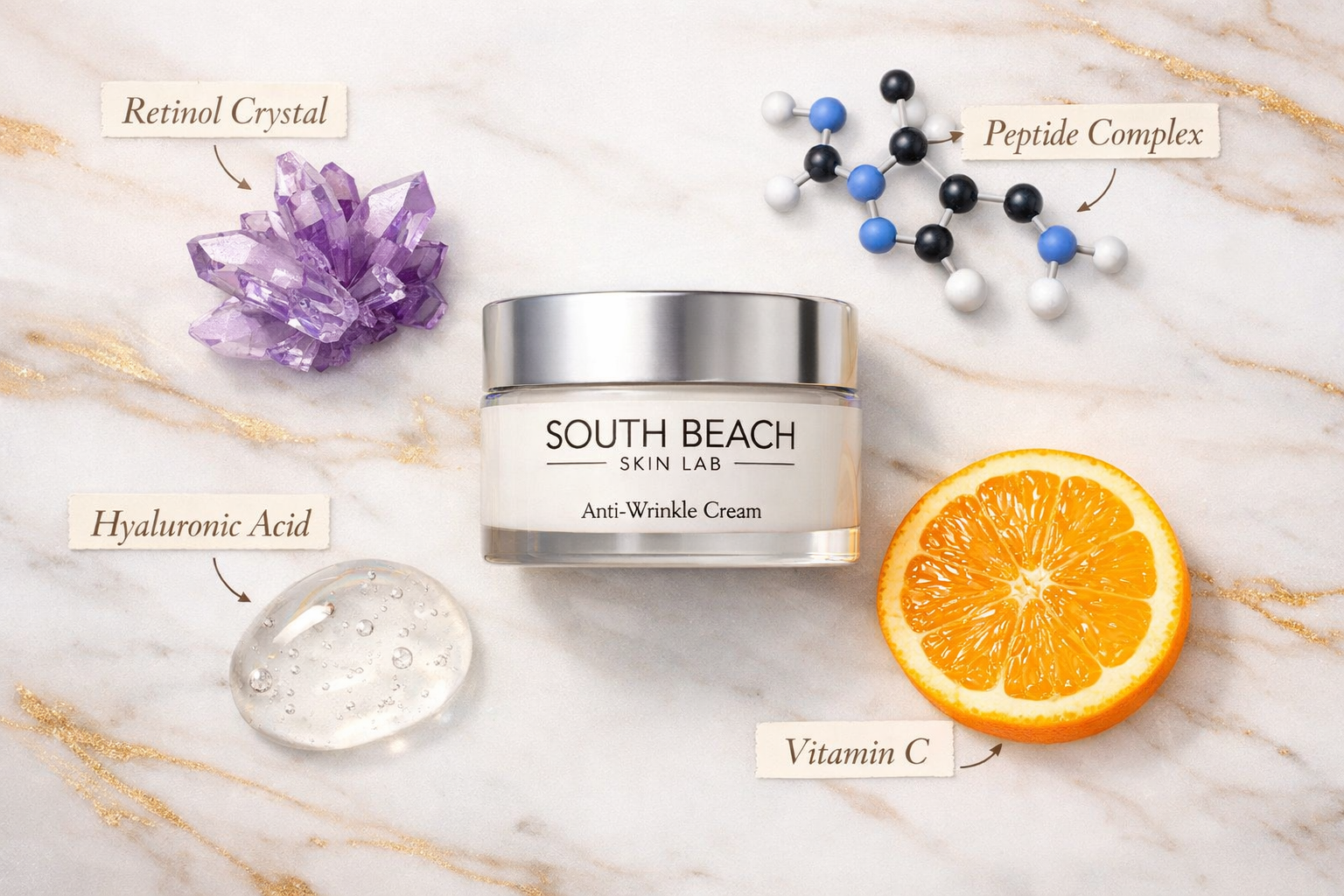 () flat-lay product photography concept: luxury anti-aging cream jar labeled 'South Beach Skin Lab' centered on white marble