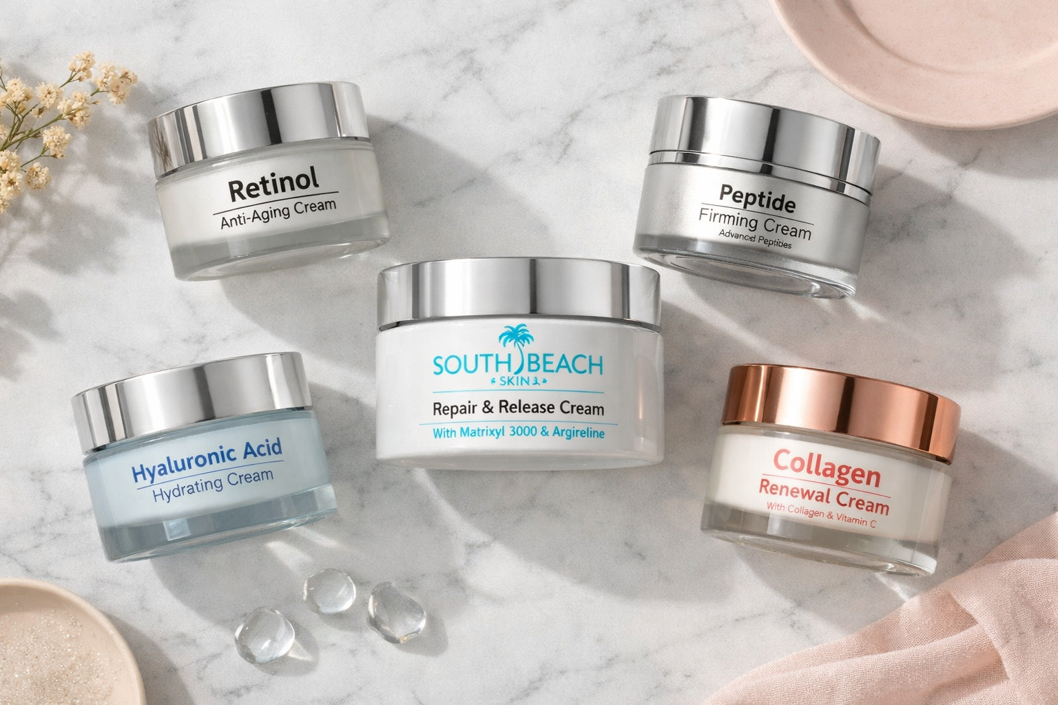 () flat-lay product photography showing five premium anti-wrinkle creams arranged in a semicircle on a white marble surface,