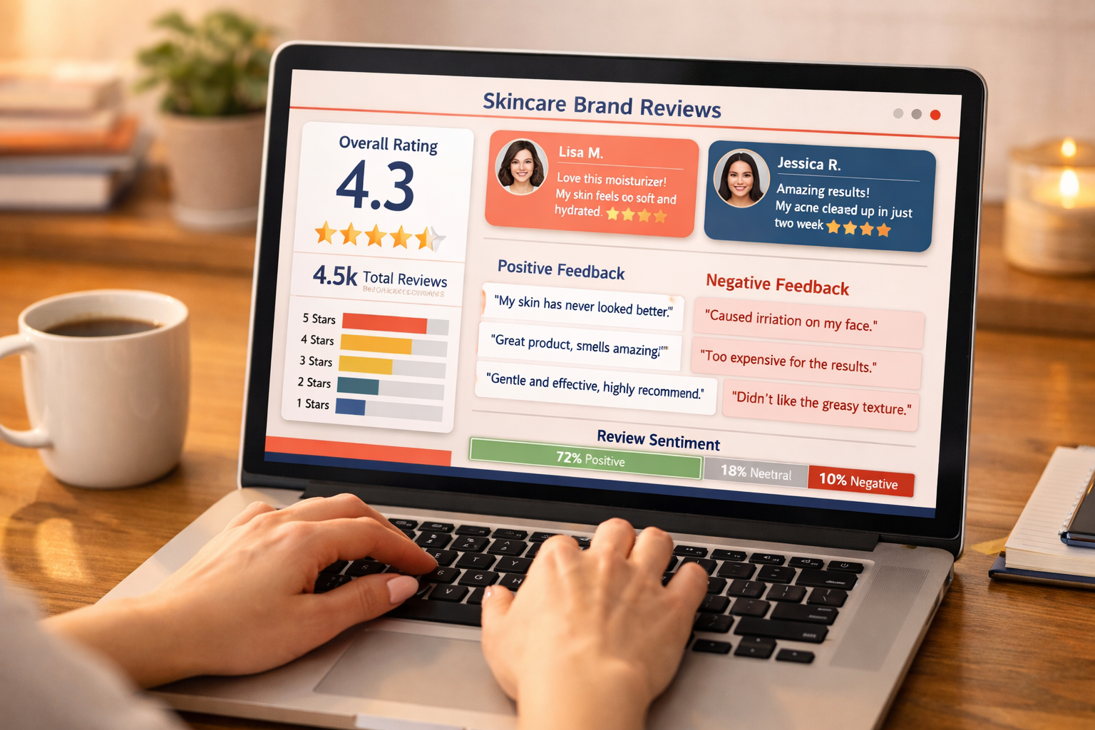 () image of a review aggregator dashboard mockup on a laptop screen showing star ratings, user testimonial cards, and mixed