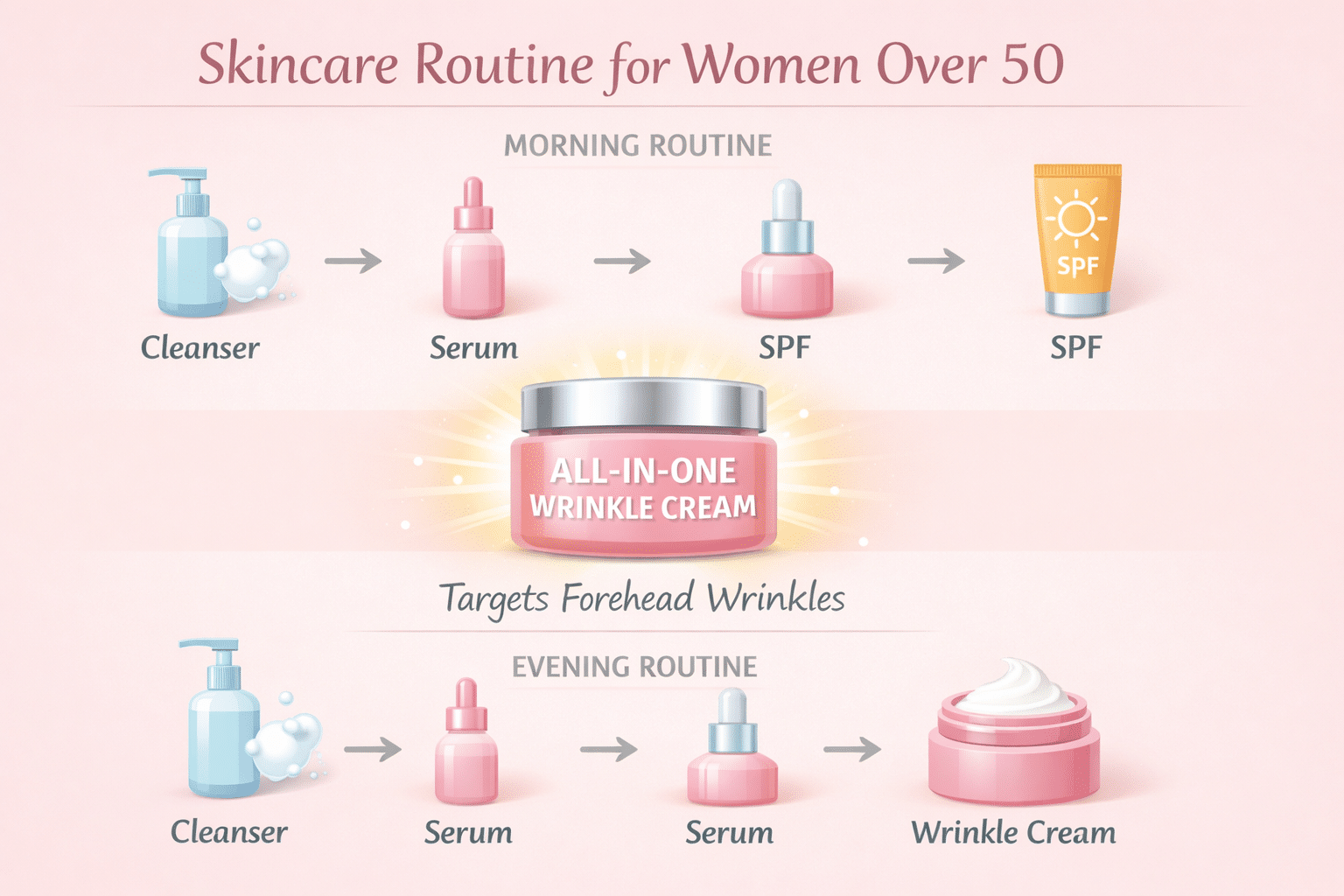 () infographic-style image showing a skincare routine timeline for women over 50: morning and evening steps illustrated with