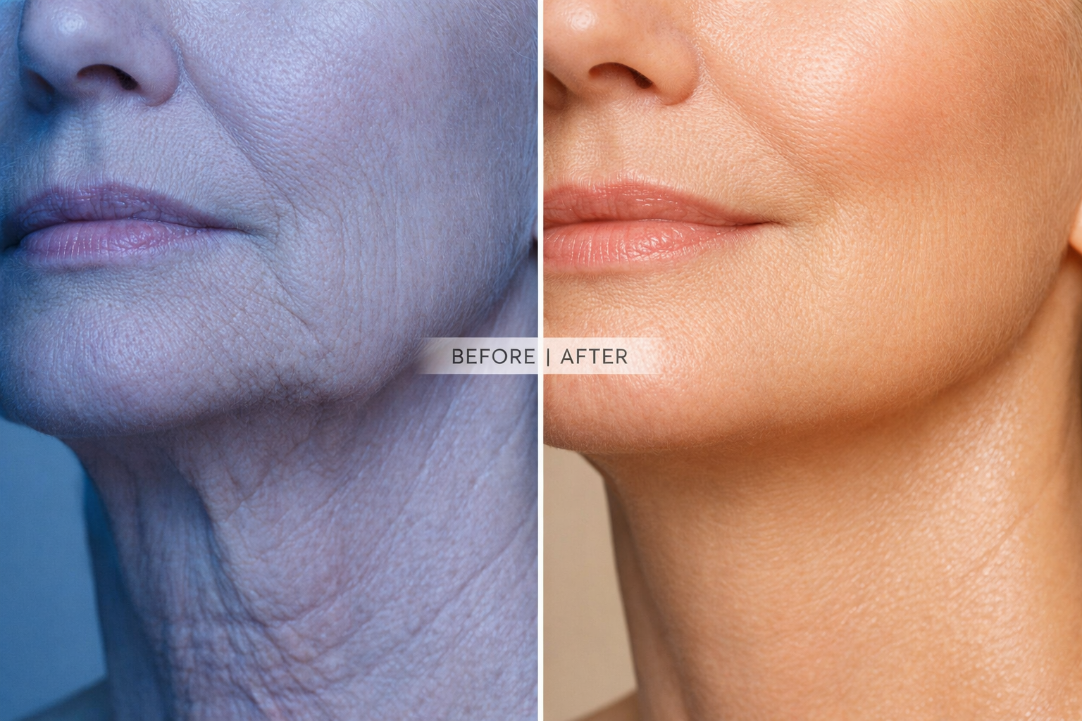 () showing a before-and-after style split composition: left side depicts close-up of mature skin with visible fine lines and