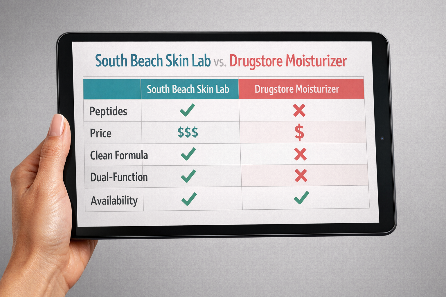 () showing a side-by-side comparison table graphic displayed on a sleek tablet screen held by a woman's hand with