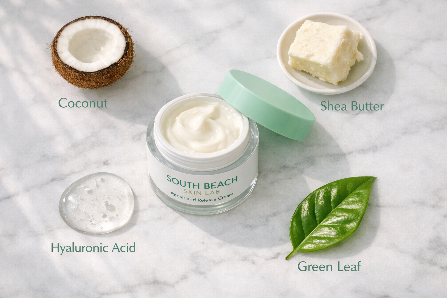 () showing a top-down overhead flat lay of the South Beach Skin Lab cream jar open on a white marble surface surrounded by