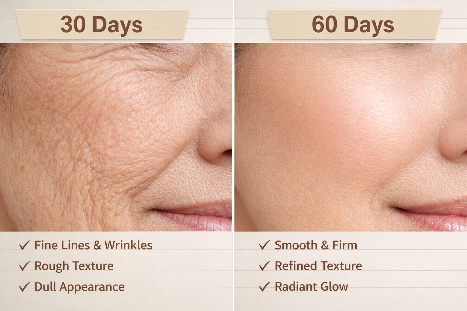 () split-comparison infographic style image showing before-and-after skin texture panels side by side. Left panel shows