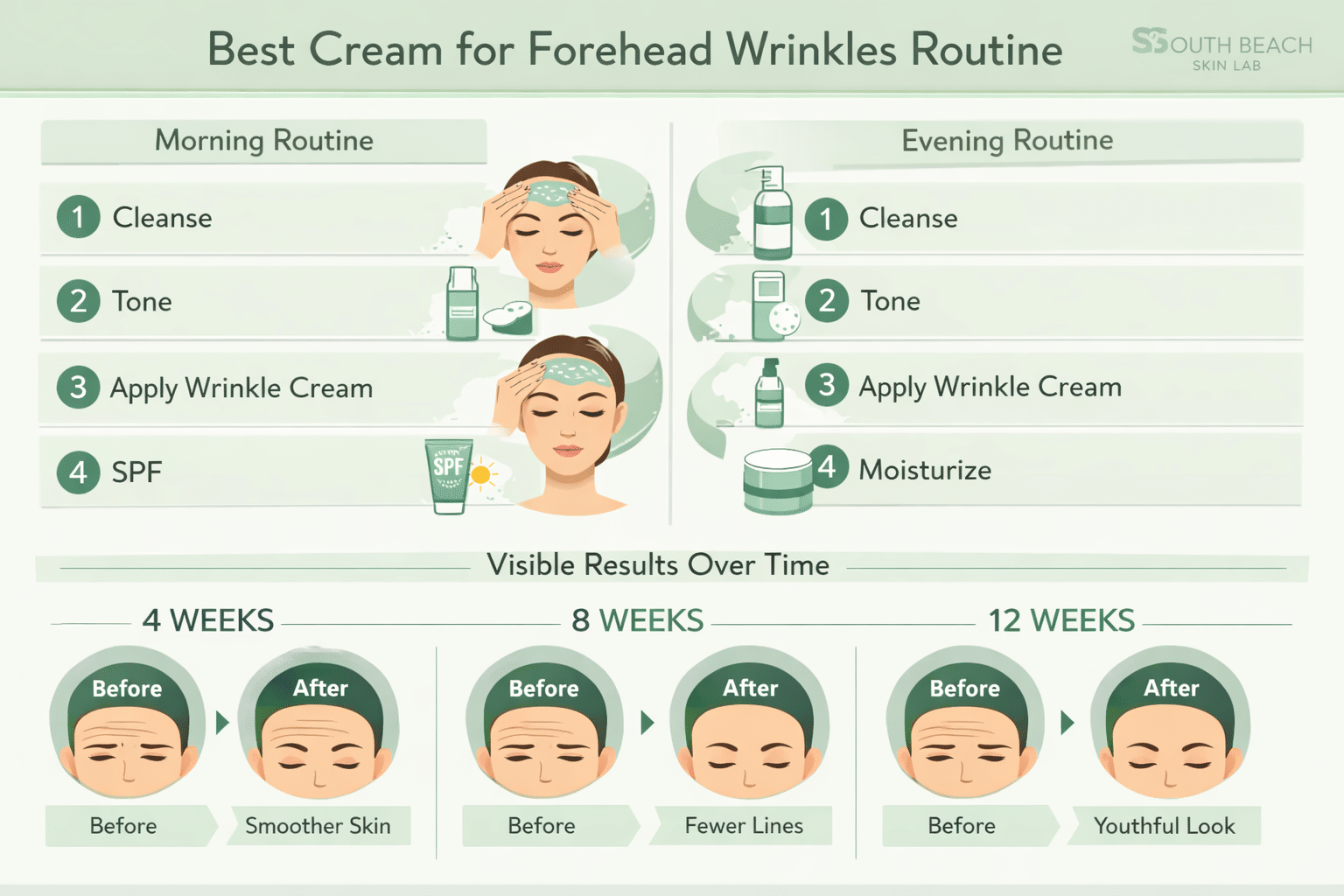 () step-by-step skincare routine infographic showing numbered morning and evening application steps for forehead wrinkle