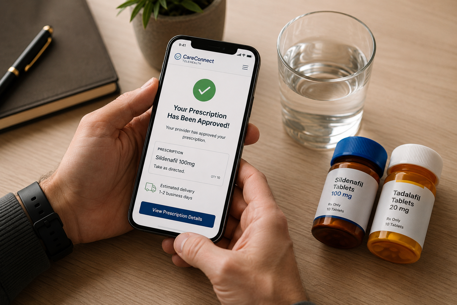 Ro vs Henry Meds 2 Close-up overhead shot of a man's hands holding a smartphone displaying a telehealth prescription approval notification,