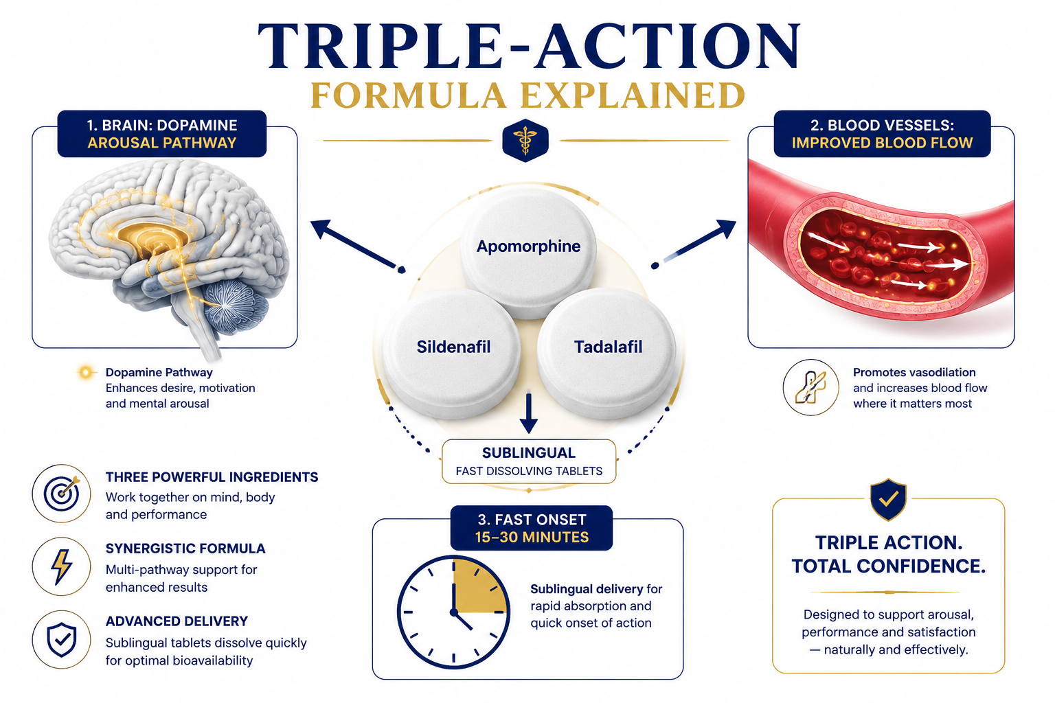 directmax sublingual ed tablets review 1 Detailed () clinical-style infographic illustration showing three small sublingual dissolving tablets labeled 'Apomorphine',
