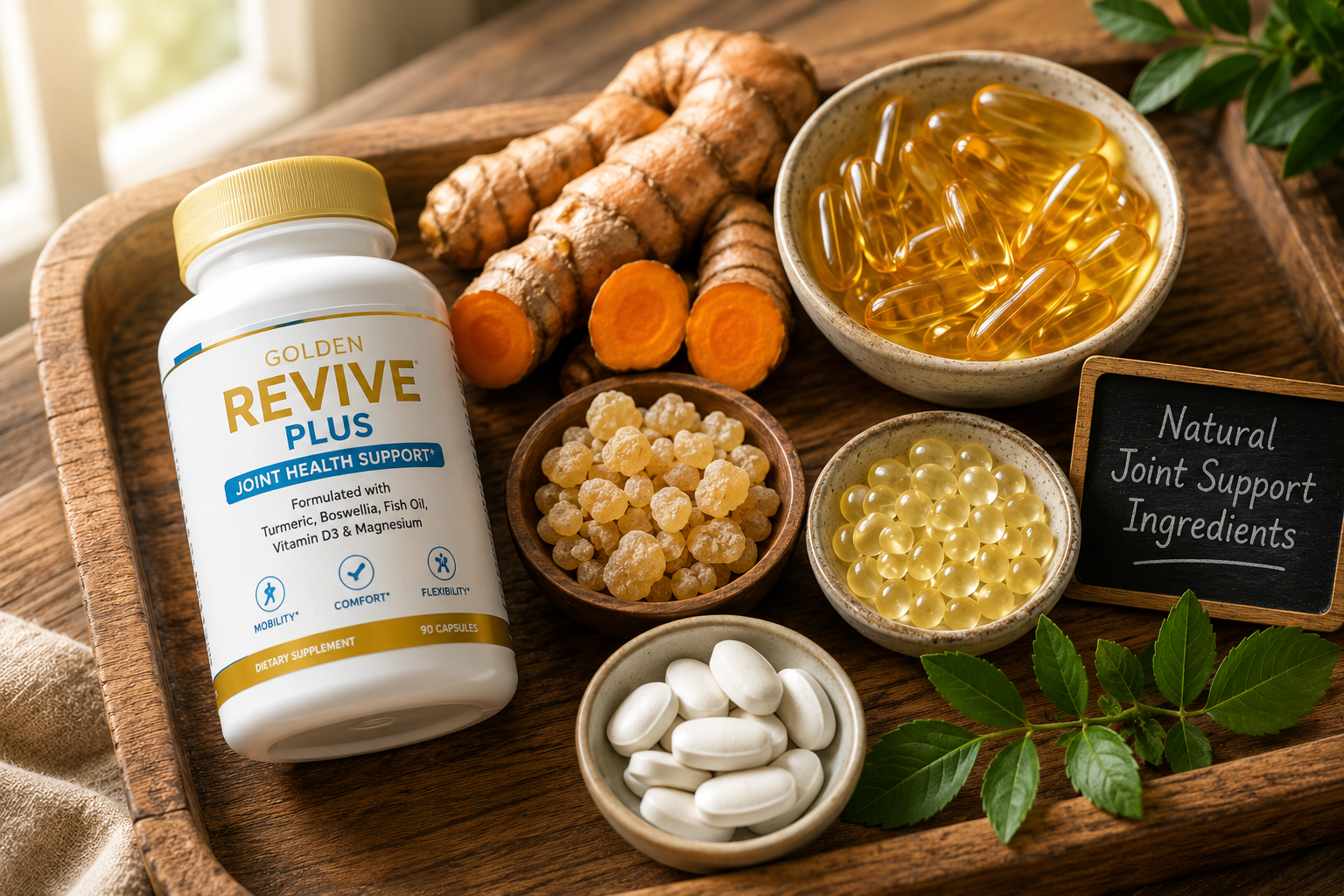 vitamins for joint pain 3 Detailed () close-up flat-lay product-style photo showing a wooden tray with natural joint health ingredients: fresh