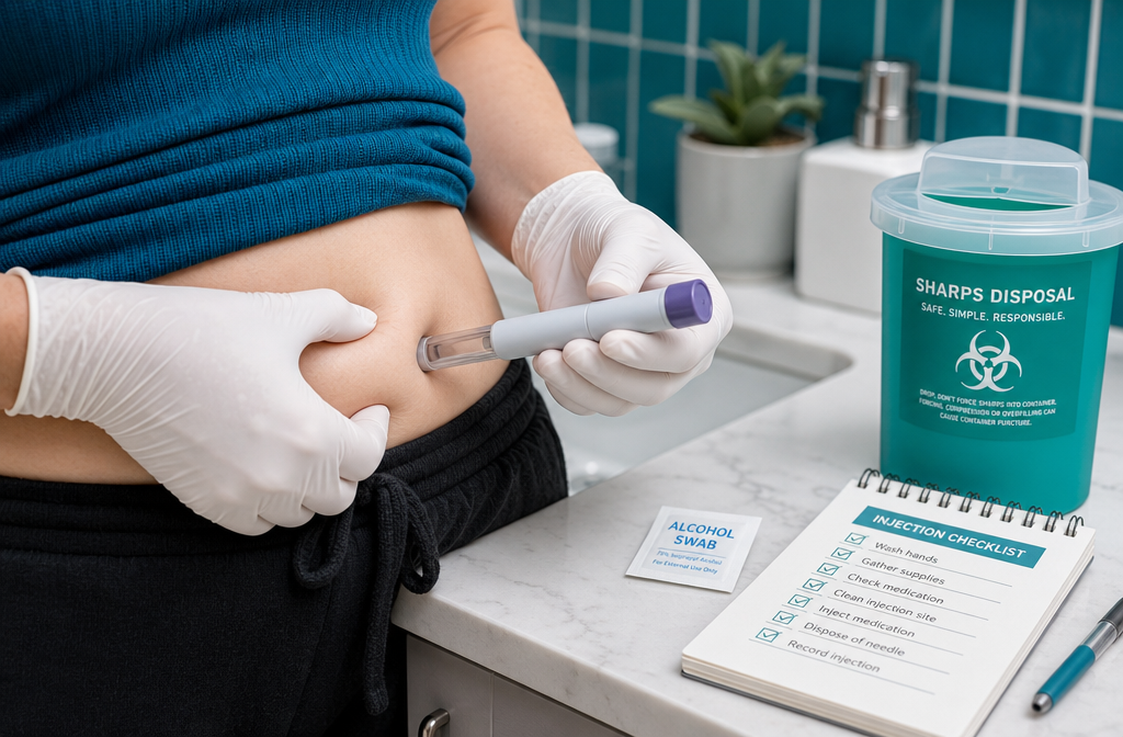 Detailed () close-up image of a person's hands carefully self-administering a subcutaneous injection pen into the abdomen